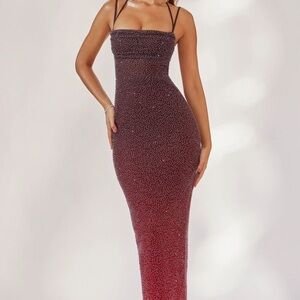 Oh Polly Monte Carlo Sparkle Ombre Strapless Maxi Dress - Burgundy to Red